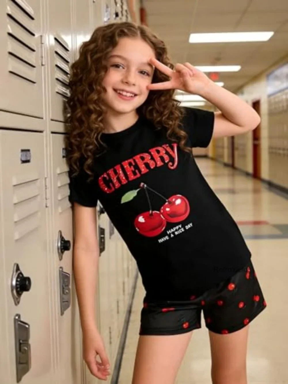 Girls Cherry Short Sleeve Shirt & Shorts 2-Piece Set with Pockets